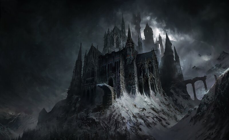 Gothic Castle on Mountain — Black, Dark