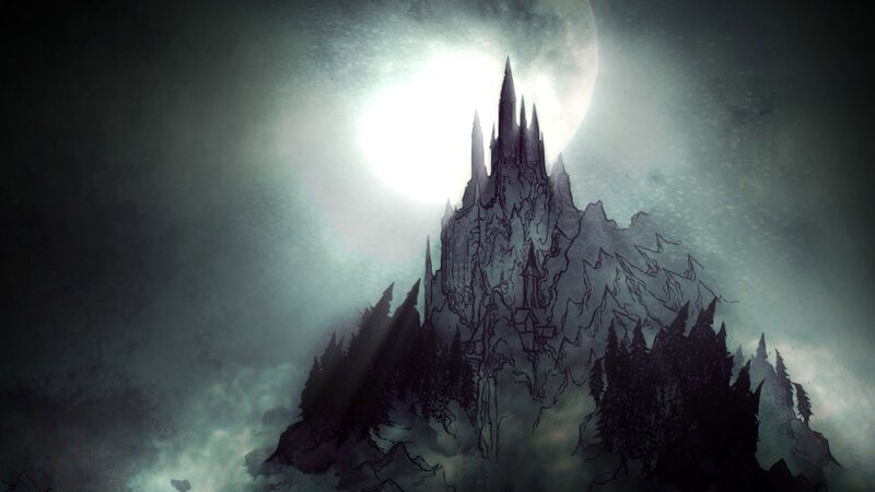 Gothic Castle on Mountain — Black, Dramatic