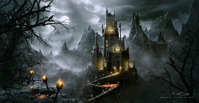 Gothic Castle on Mountain — Gray