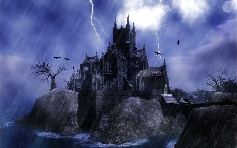 Gothic castle on stormy island