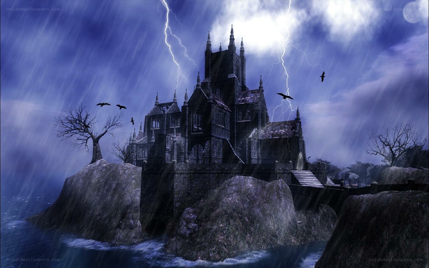 Gothic castle on stormy island