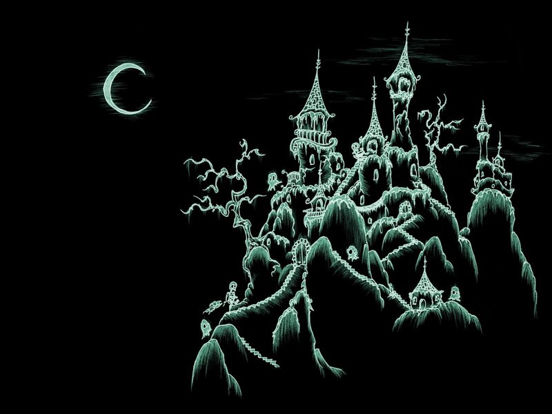Gothic castle under crescent moon