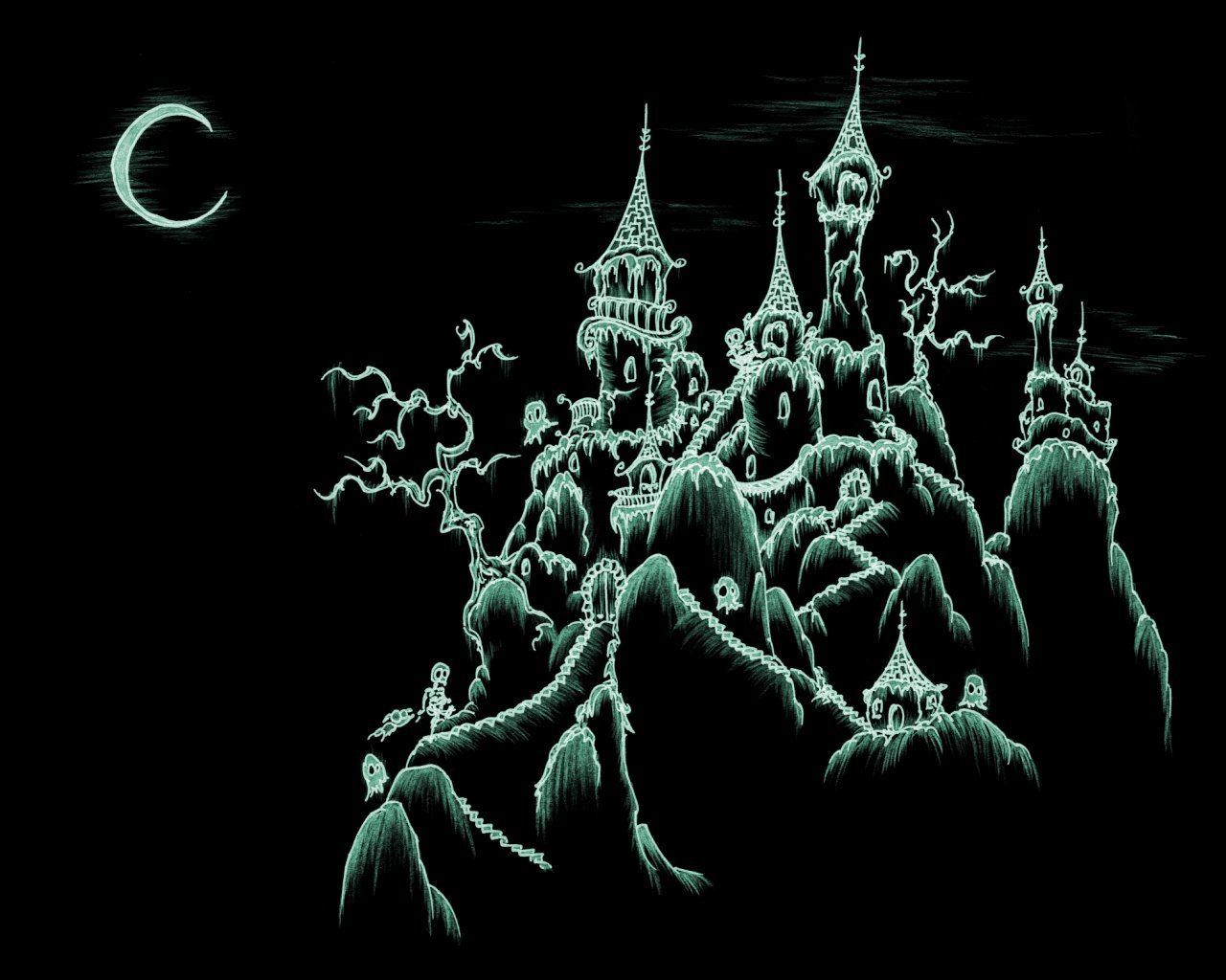 Gothic castle under crescent moon