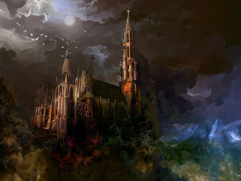 Gothic castle under moonlight