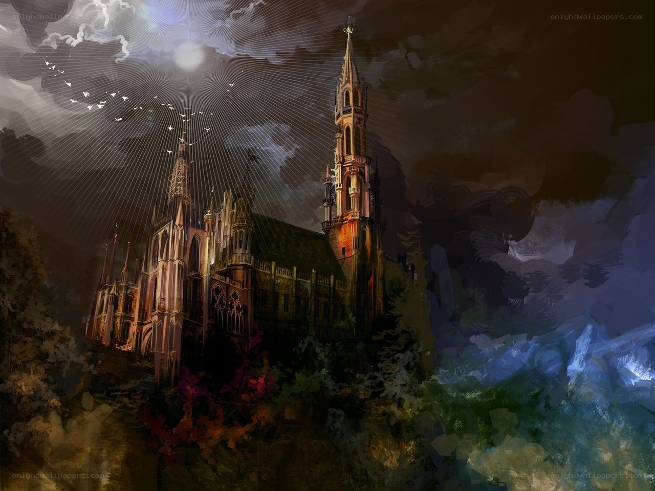 Gothic castle under moonlight