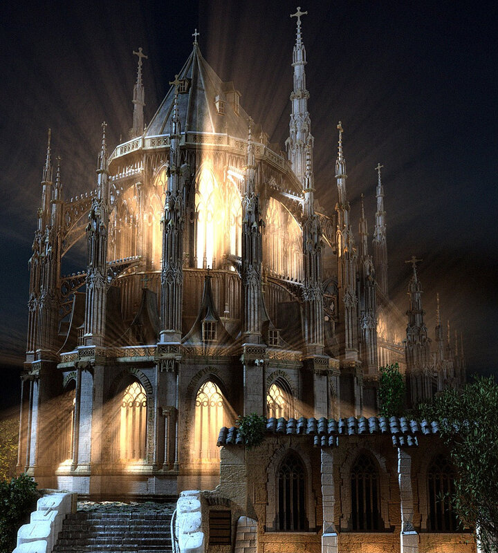 Gothic Cathedral at Night — Black, Dramatic, 3d Render