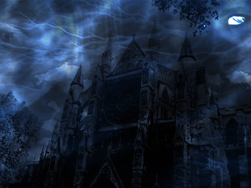 Gothic Cathedral at Night — Blue, Dark, Digital Art