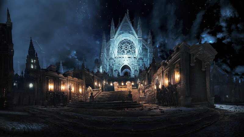 Gothic Cathedral at Night — Blue, Dark, Dramatic