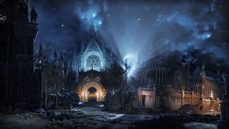 Gothic Cathedral at Night — Blue, Dramatic