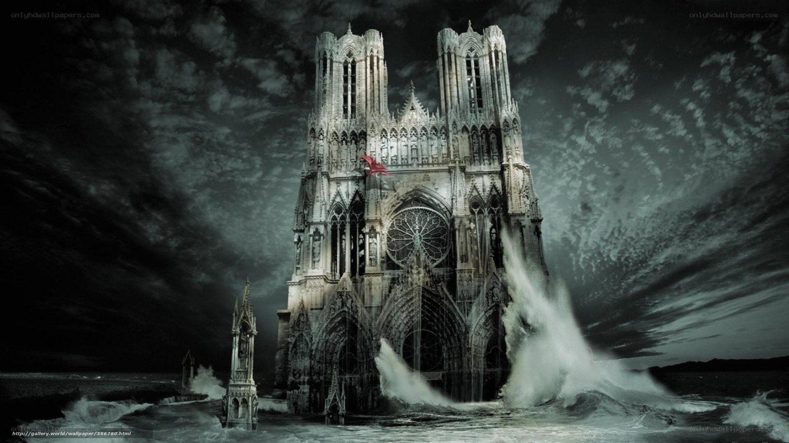 Gothic cathedral in stormy sea