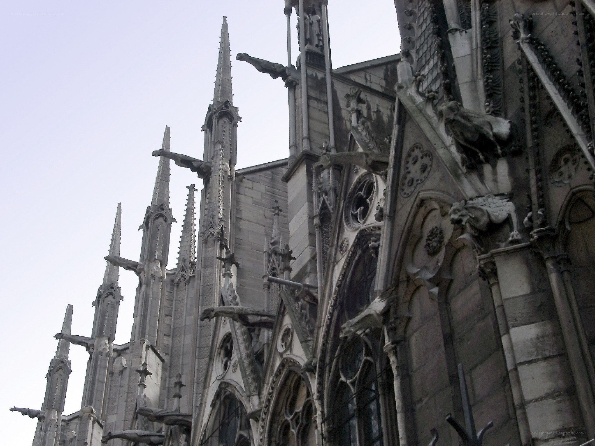 Gothic cathedral spires and gargoyles
