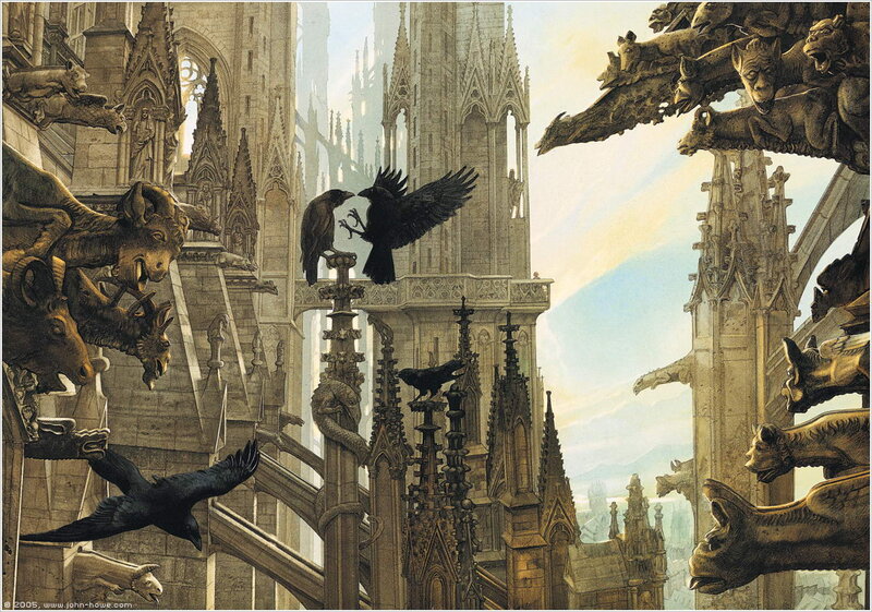 Gothic cathedral with ravens
