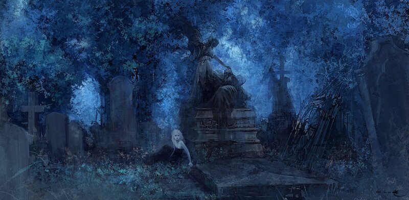 Gothic cemetery at night