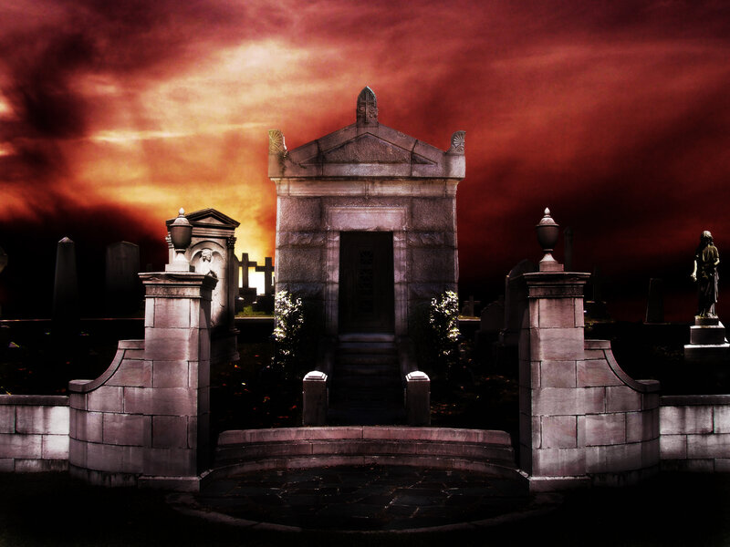 Gothic cemetery at sunset