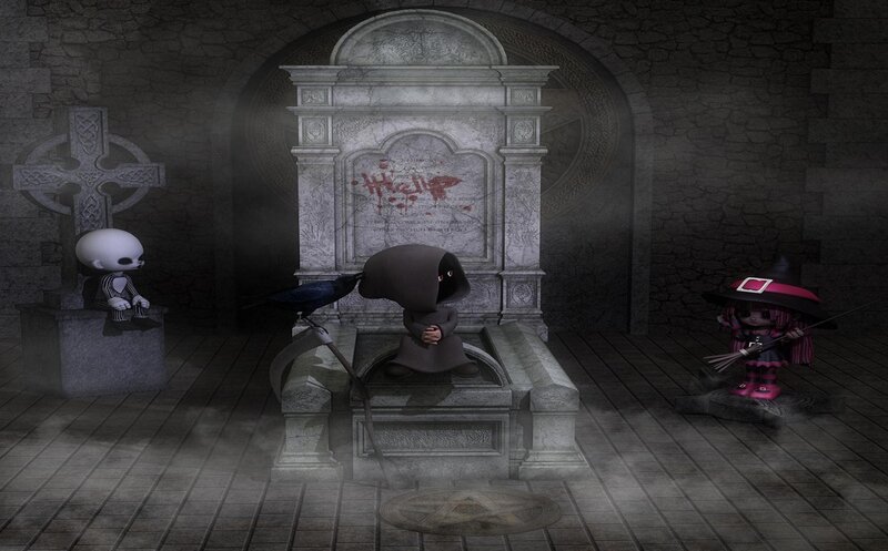 Gothic characters in a crypt
