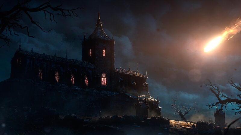 Gothic Church at Night — Black, Dramatic, Digital Art
