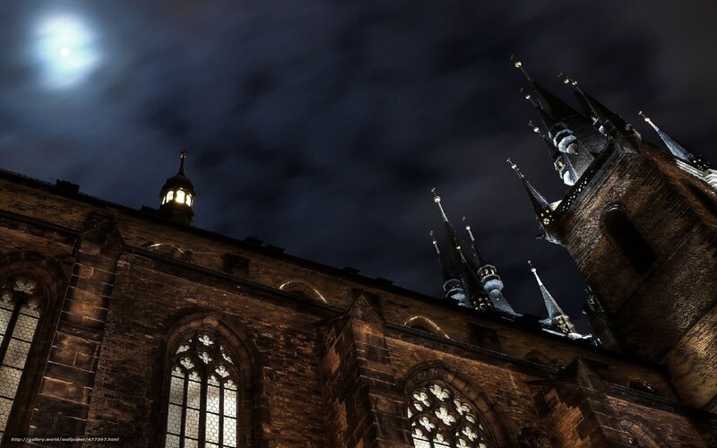 Gothic Church at Night — Black, Dramatic, Photograph, Moon, Spires