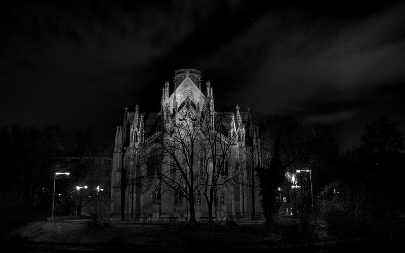 Gothic Church at Night — Black, Dramatic, Photograph, Trees