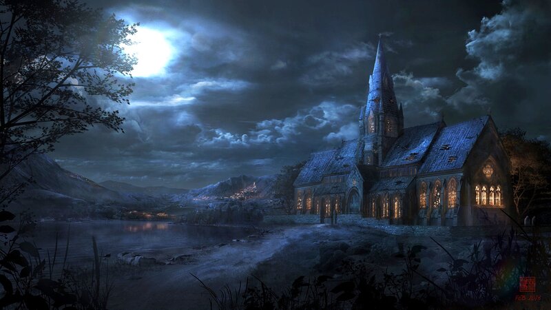 Gothic Church at Night — Blue