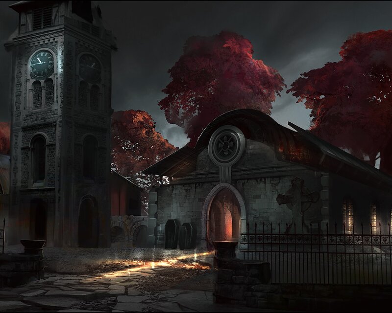 Gothic Church at Night — Gray, Dark, Digital Art