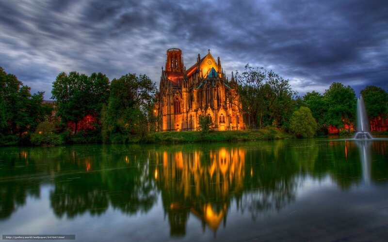 Gothic Church by Lake — Green, Dramatic, Night, Photograph