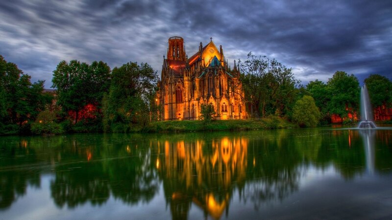 Gothic Church by Lake — Green, Dramatic, Night, Photograph, Trees