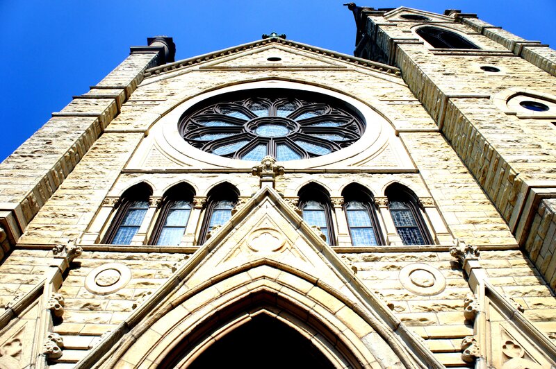 Gothic church facade with rose window