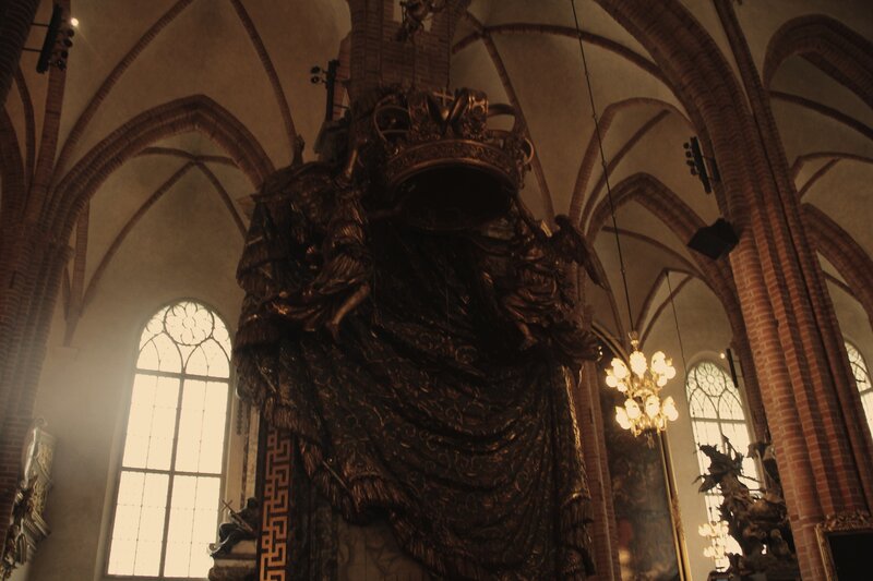 Gothic church interior with statue