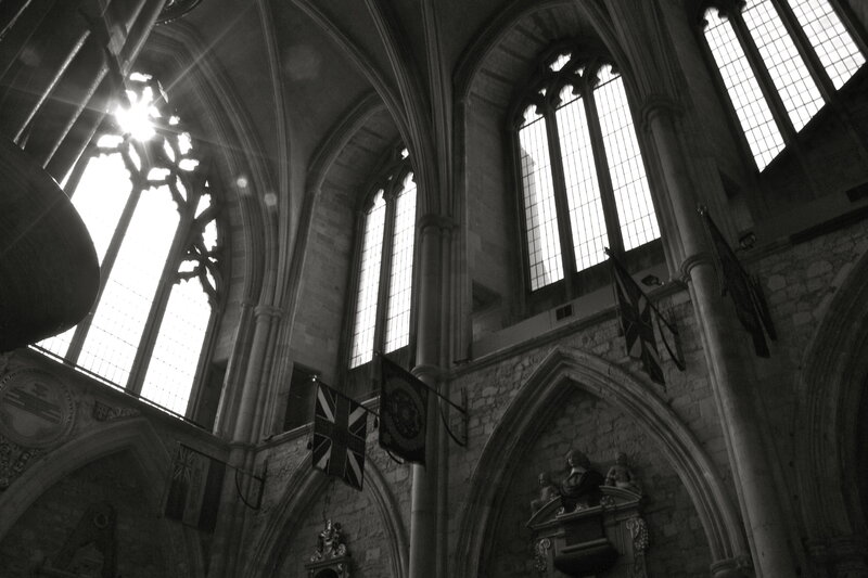 Gothic church interior with sunlight