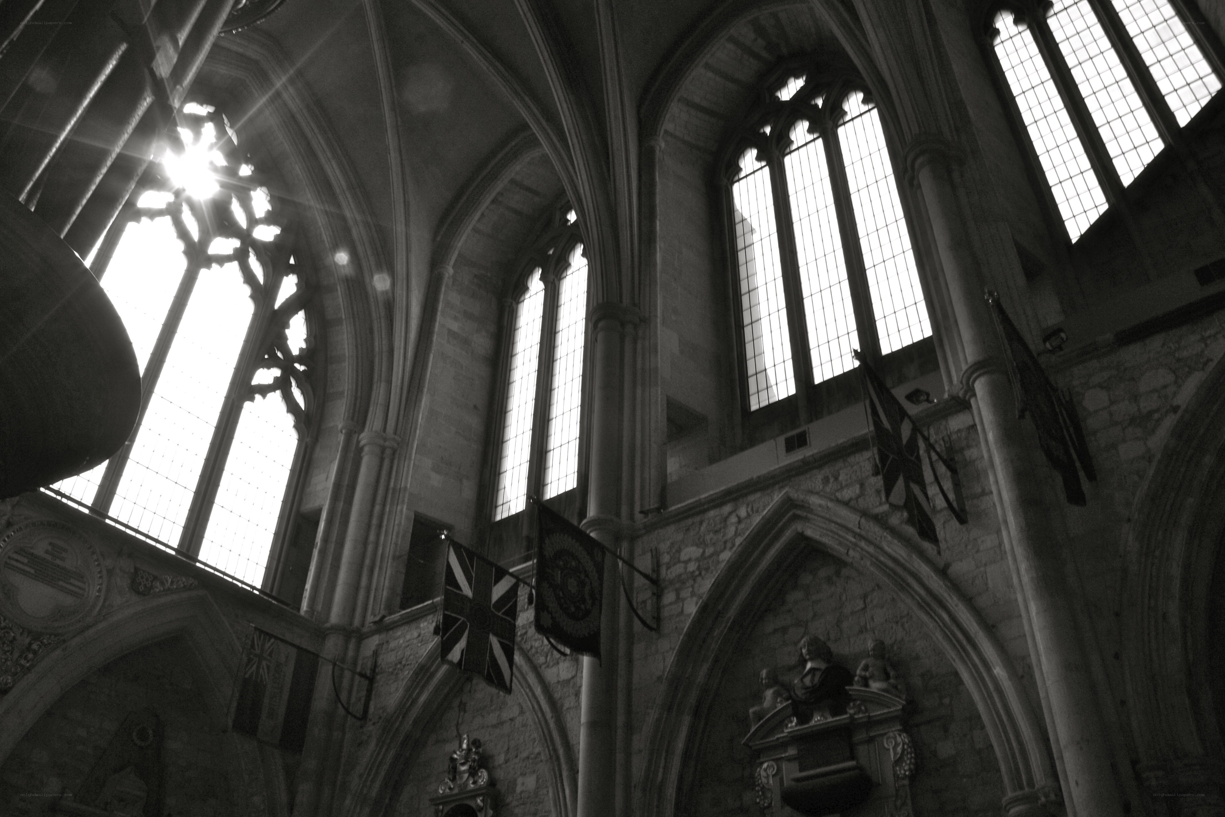 Gothic church interior with sunlight