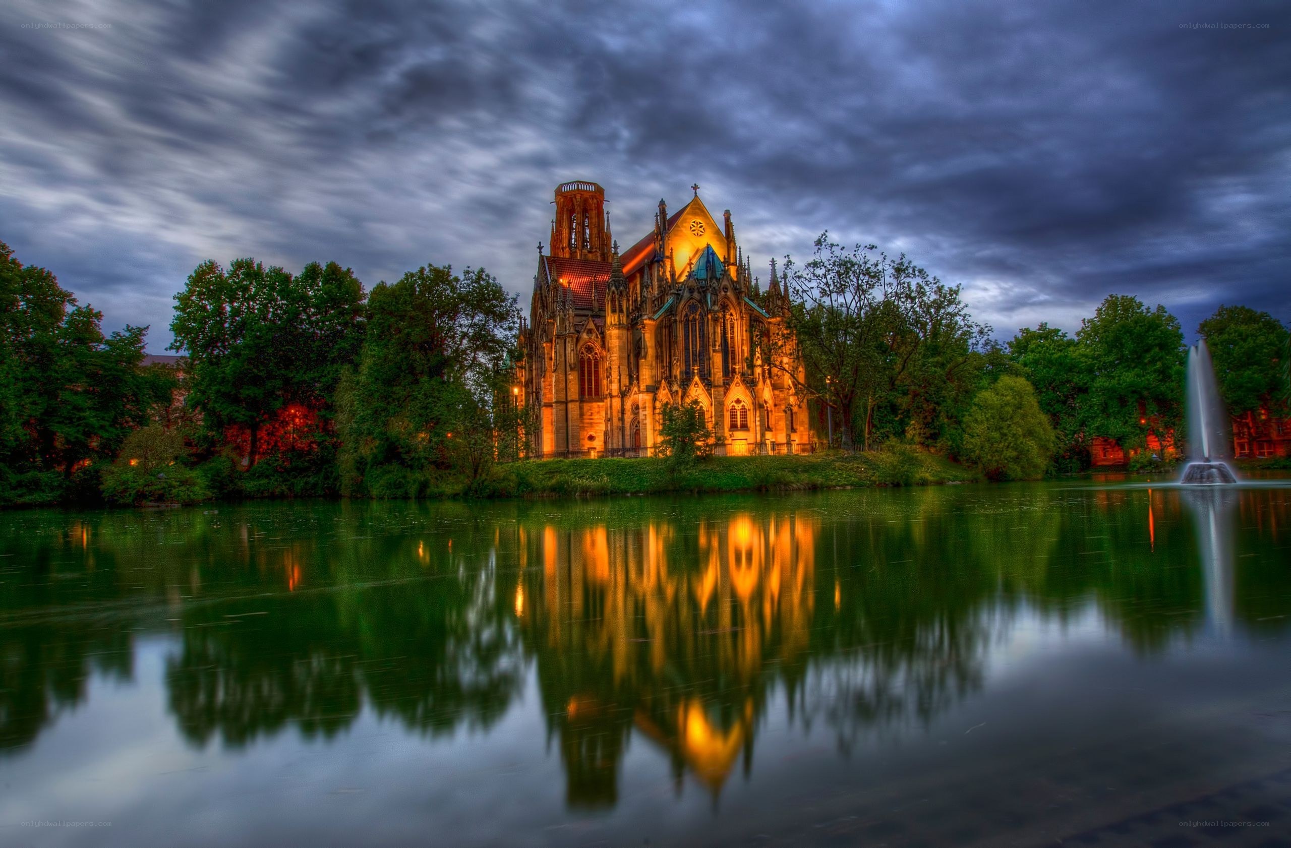 Gothic church reflected in lake