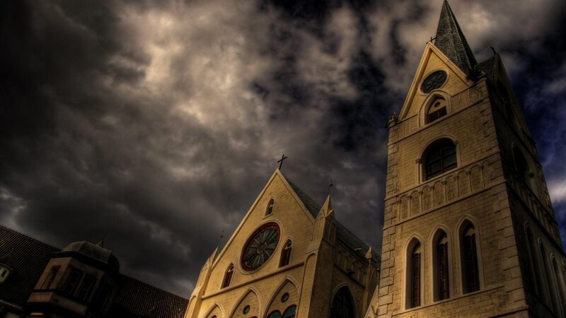 Gothic Church under Stormy Sky — Gray