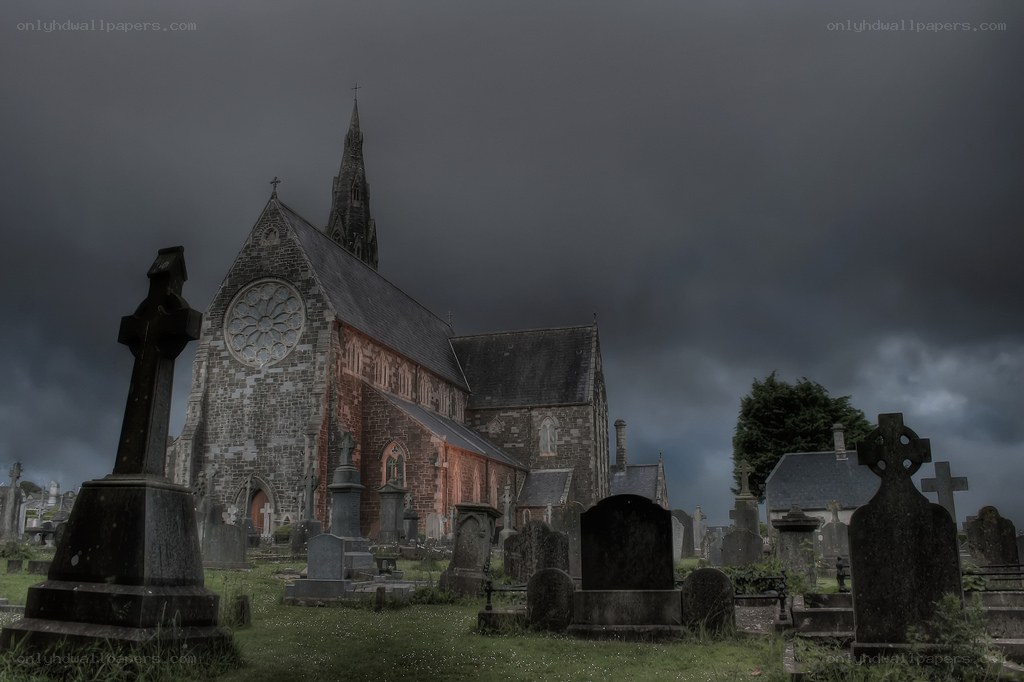 Gothic church under stormy sky