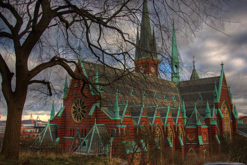 Gothic church with green spires