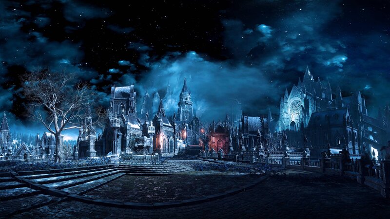 Gothic City at Night — Blue, Dark, Mysterious, Digital Art, Castle, Cemetery, Tree