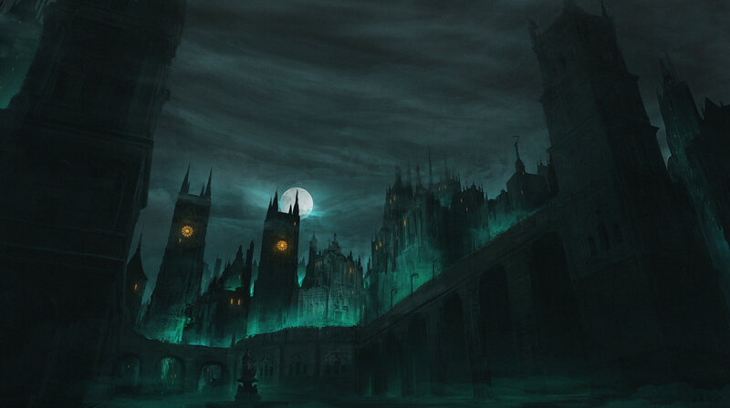 Gothic City at Night — Green, Dark