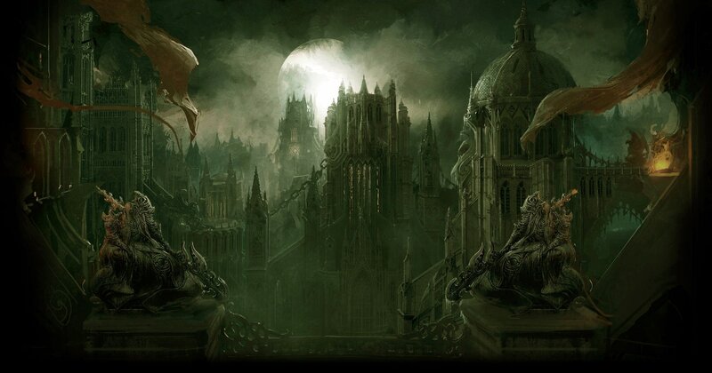 Gothic city under a full moon