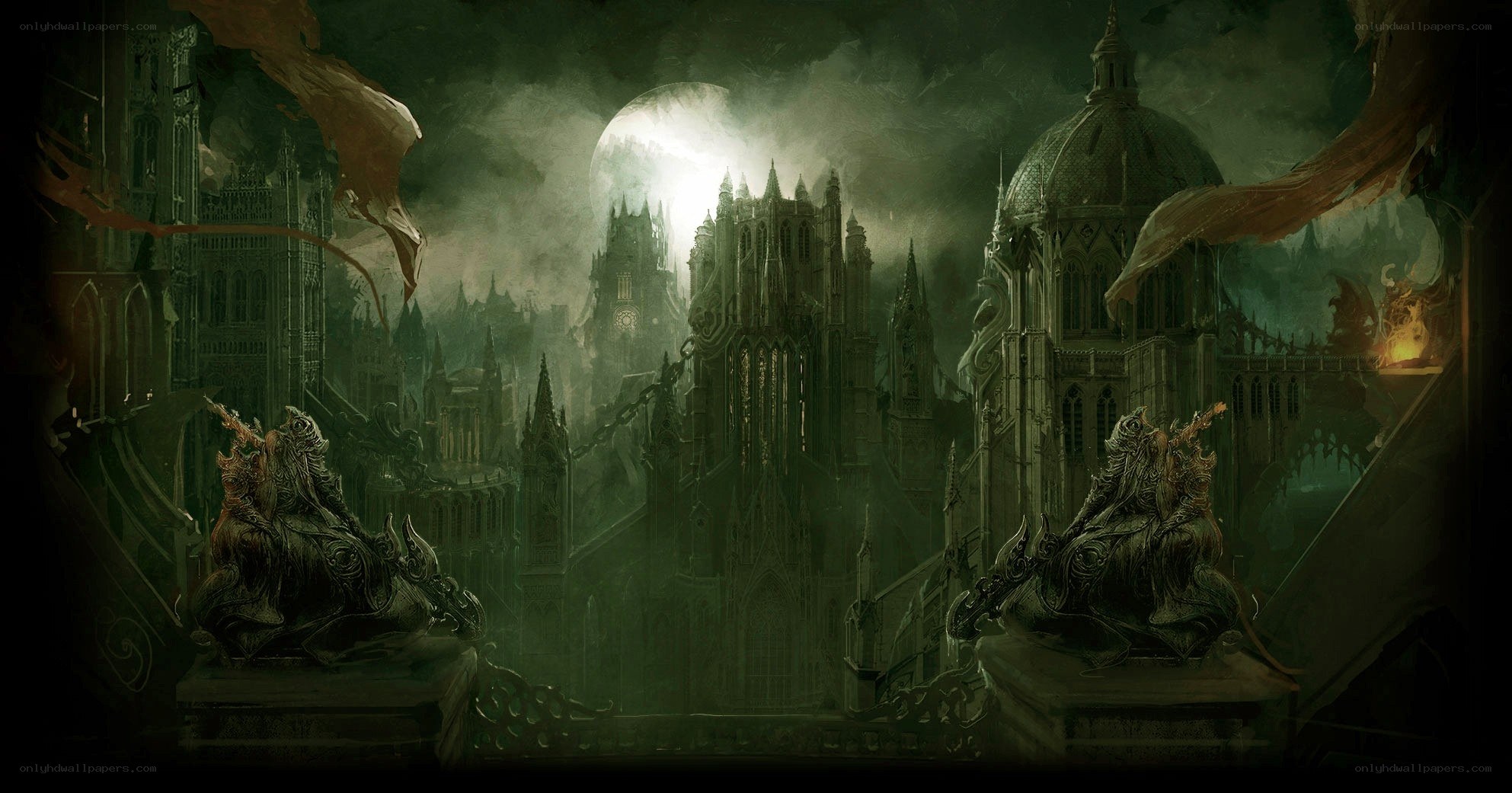 Gothic city under a full moon