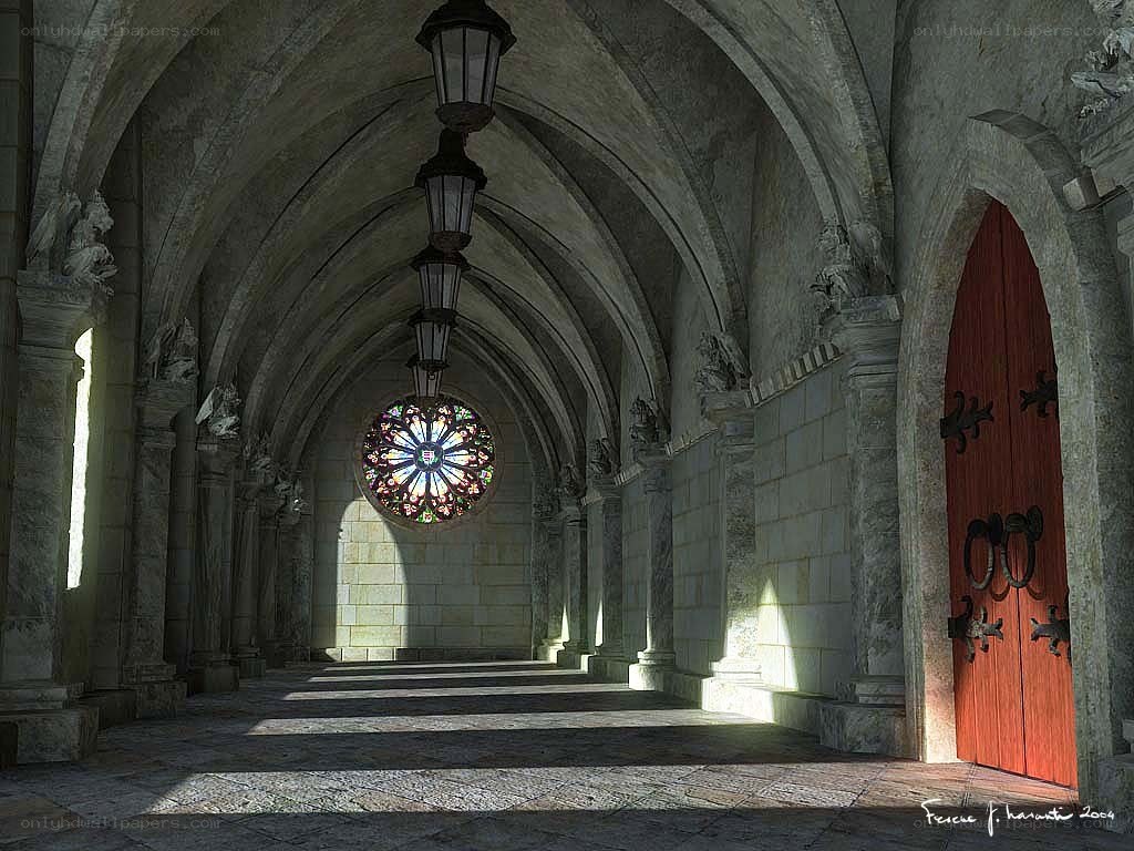 Gothic corridor with stained glass