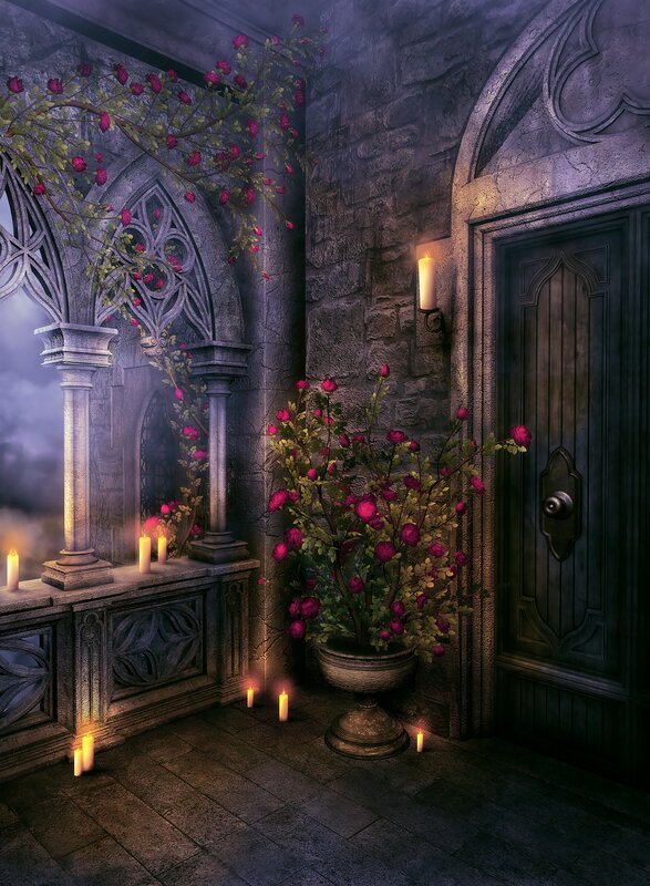 Gothic courtyard with roses