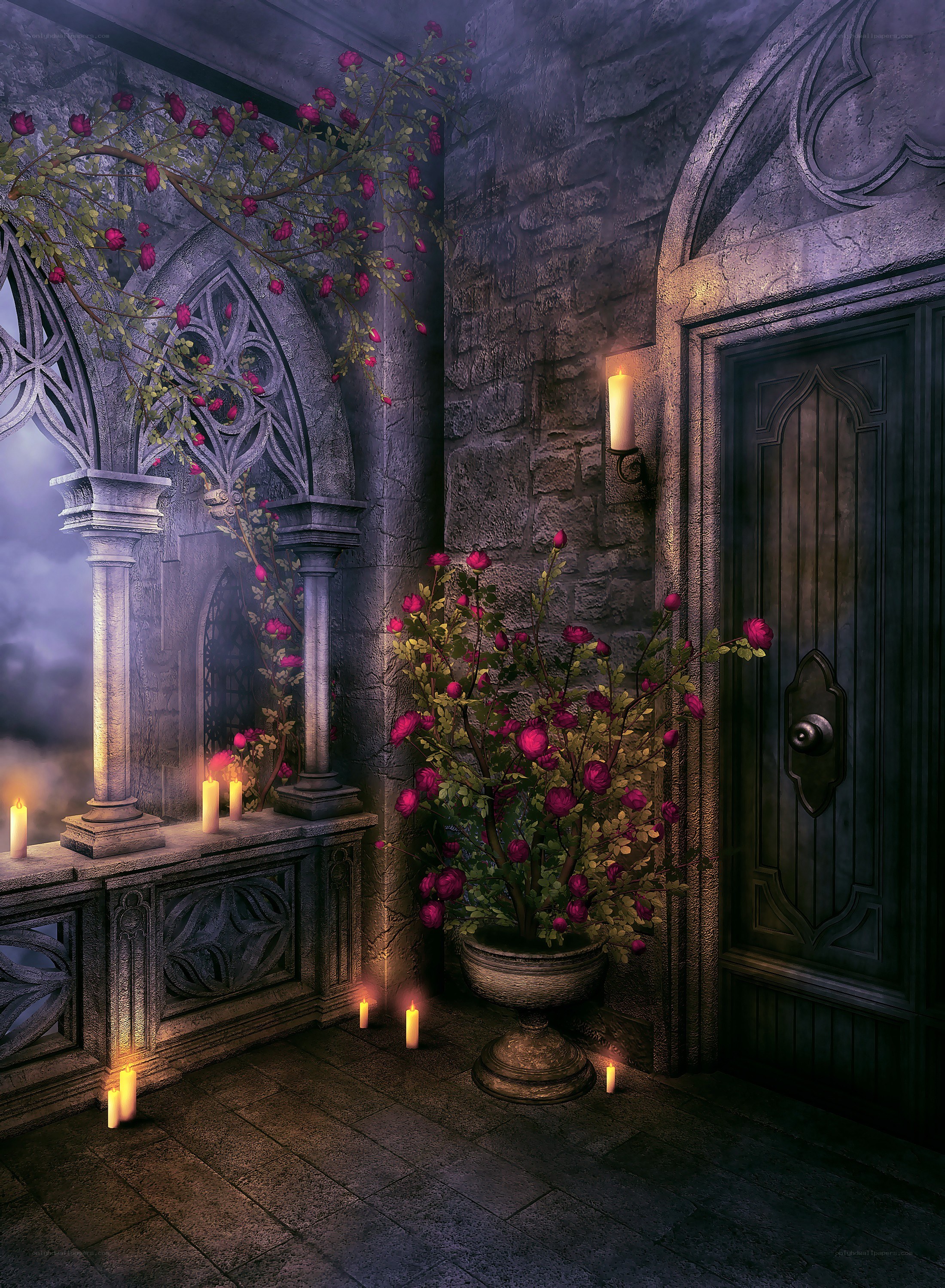 Gothic courtyard with roses