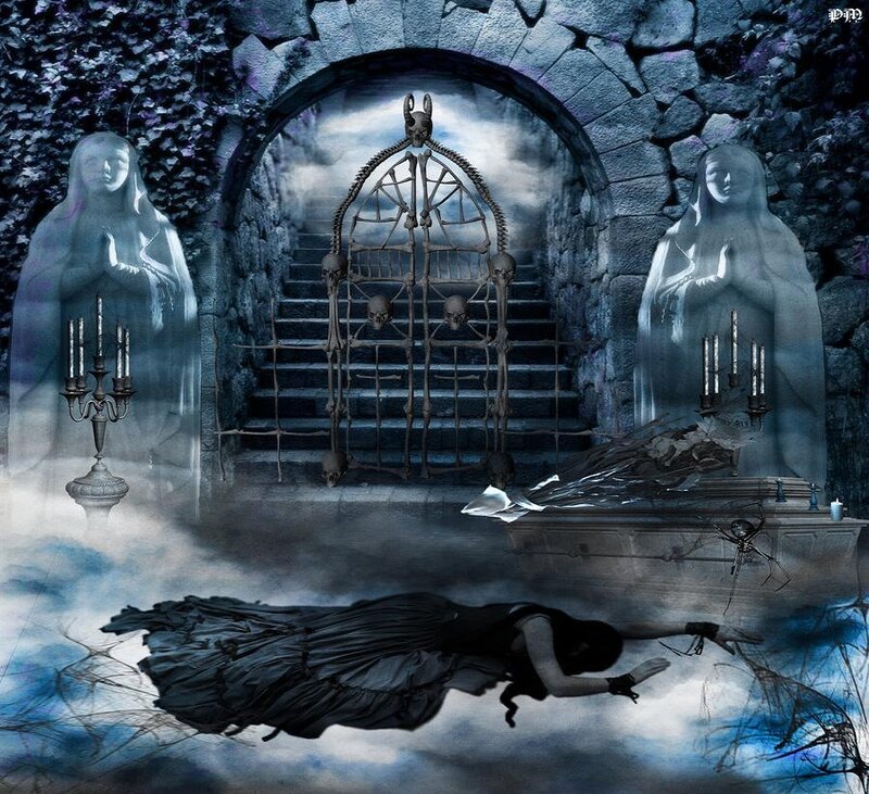 Gothic crypt with ghostly figures