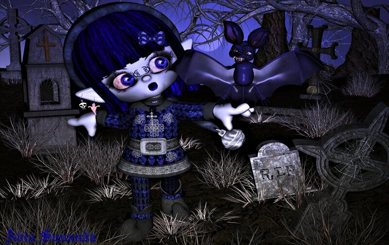 Gothic doll in a graveyard