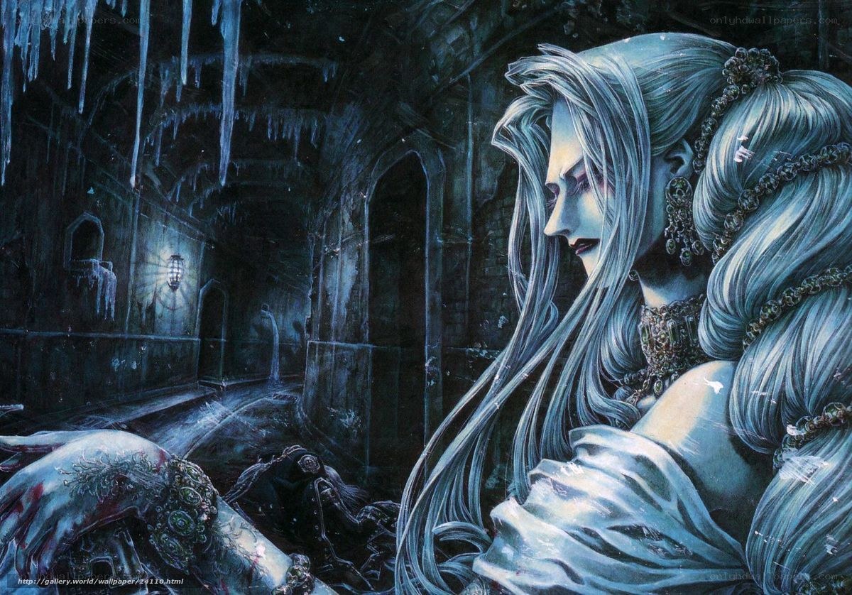 Gothic fantasy woman in ice cave