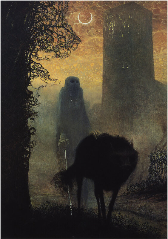 Gothic figure in misty landscape