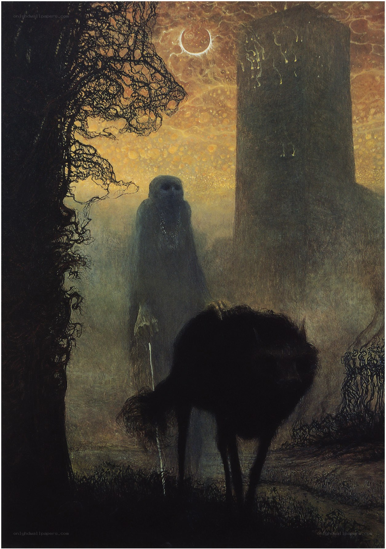 Gothic figure in misty landscape