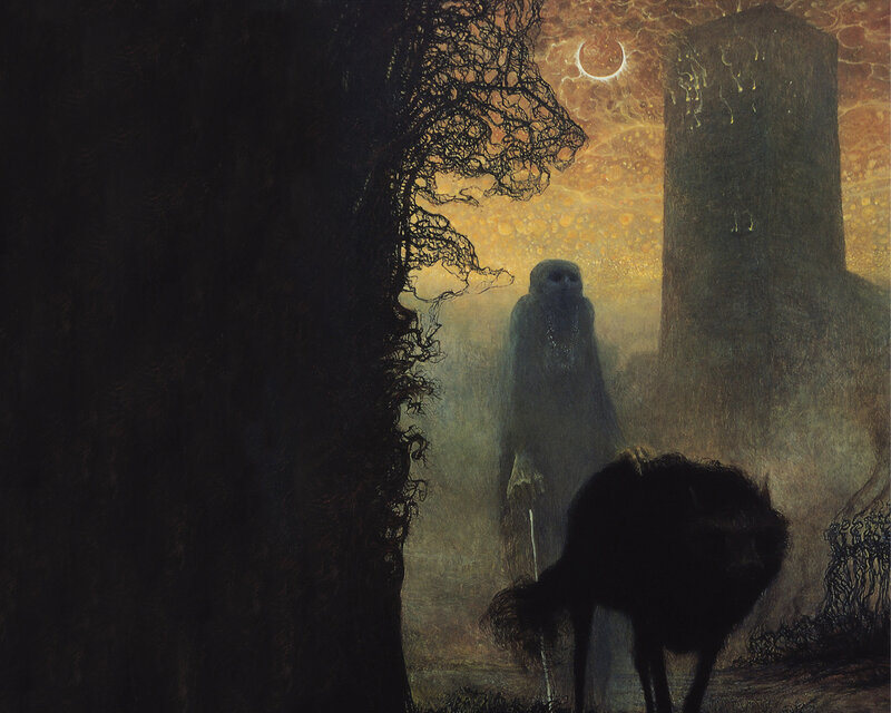 Gothic figure in misty landscape
