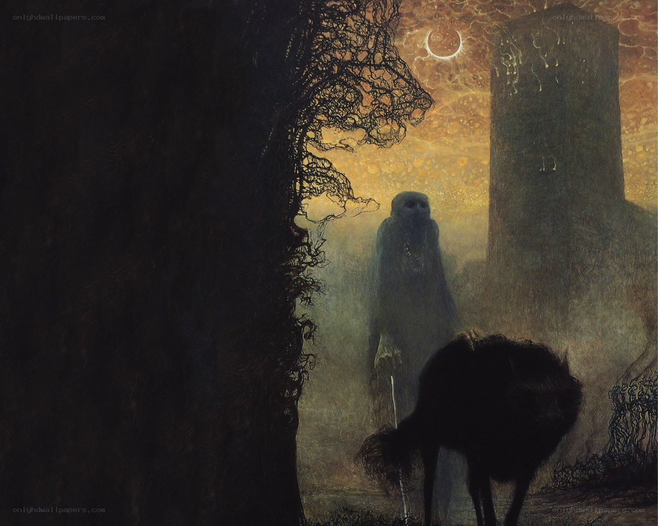 Gothic figure in misty landscape
