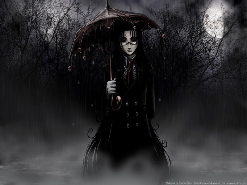 Gothic figure in rainy forest