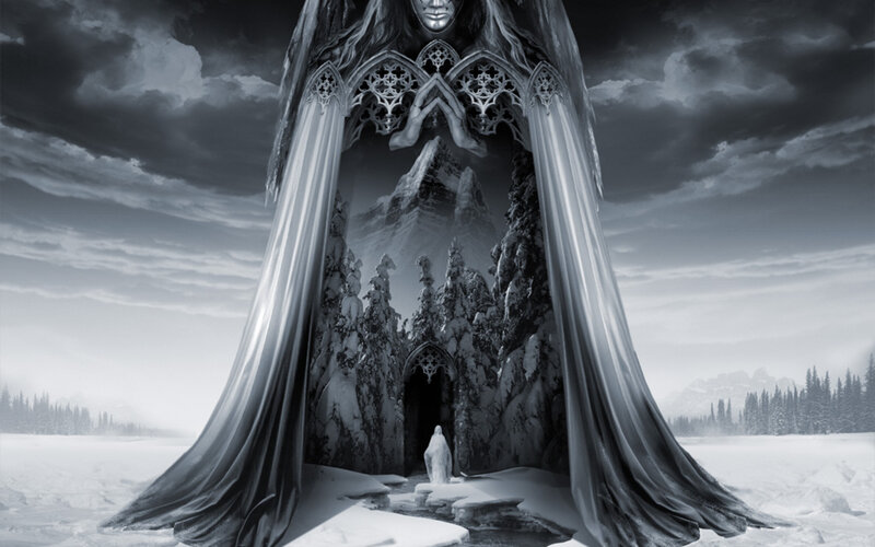 Gothic figure in snowy landscape